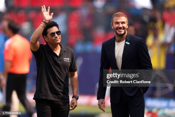 Goodwill Ambassadors, Sachin Tendulkar and David Beckham, look on prior to the ICC Men's Cricket World Cup India 2023 Semi Final match between India...