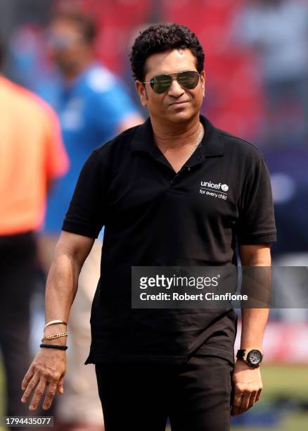 Goodwill Ambassador, Sachin Tendulkar looks on prior to the ICC Men's Cricket World Cup India 2023 Semi Final match between India and New Zealand at...