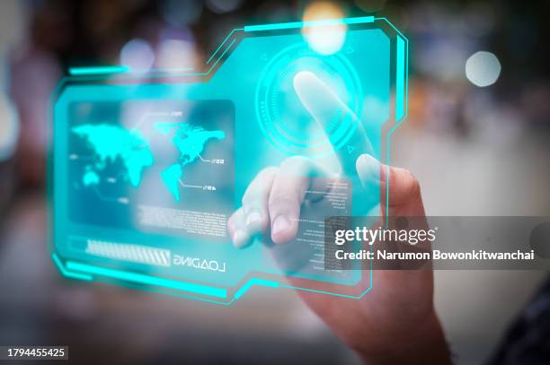 smartphone using overlay with futuristic hologram - viewfinder stockfoto's en -beelden