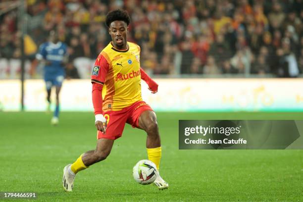 Elye Wahi of Lens in action during the Ligue 1 Uber Eats match between RC Lens and Olympique de Marseille at Stade Bollaert-Delelis on November 12,...