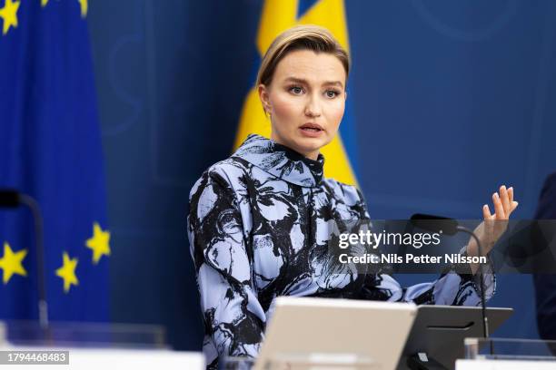 Ebba Busch, Deputy Prime Minister of Sweden and Minister for Energy, Business and Industry, during a press briefing where the Swedish government...