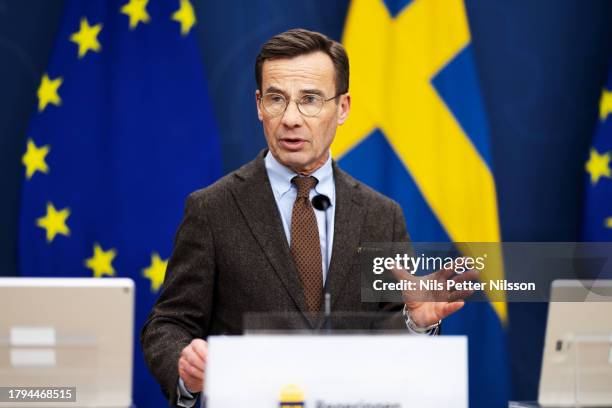 Prime Minister Ulf Kristersson during a press briefing where the Swedish government together with the Sweden Democrats lays out a new climate policy...