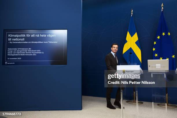 Prime Minister Ulf Kristersson during a press briefing where the Swedish government together with the Sweden Democrats lays out a new climate policy...