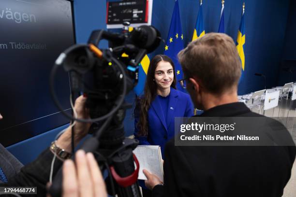 Romina Pourmokhtari, Minister for the Environment, during a press briefing where the Swedish government together with the Sweden Democrats lays out a...