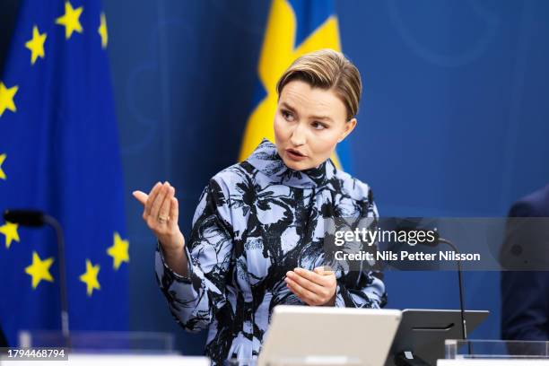 Ebba Busch, Deputy Prime Minister of Sweden and Minister for Energy, Business and Industry, during a press briefing where the Swedish government...