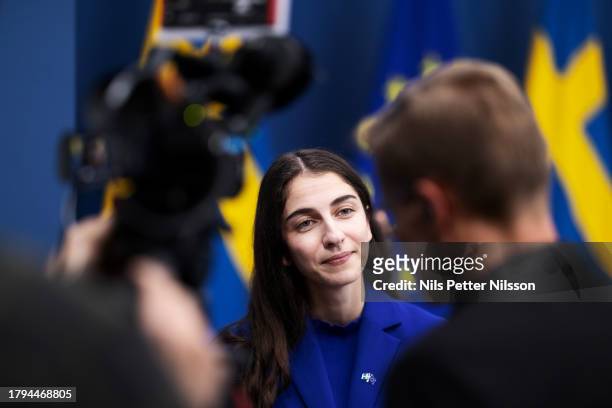 Romina Pourmokhtari, Minister for the Environment, during a press briefing where the Swedish government together with the Sweden Democrats lays out a...