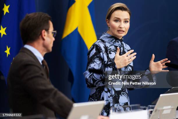 Ebba Busch, Deputy Prime Minister of Sweden and Minister for Energy, Business and Industry, during a press briefing where the Swedish government...