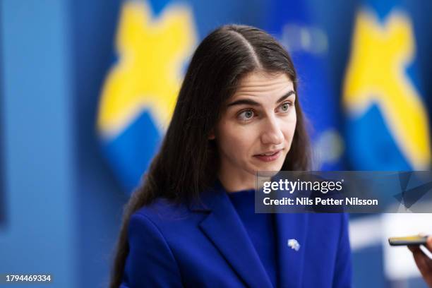 Romina Pourmokhtari, Minister for the Environment, during a press briefing where the Swedish government together with the Sweden Democrats lays out a...