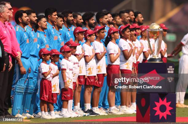 Players of India line up for national anthems prior to the ICC Men's Cricket World Cup India 2023 Semi Final match between India and New Zealand at...