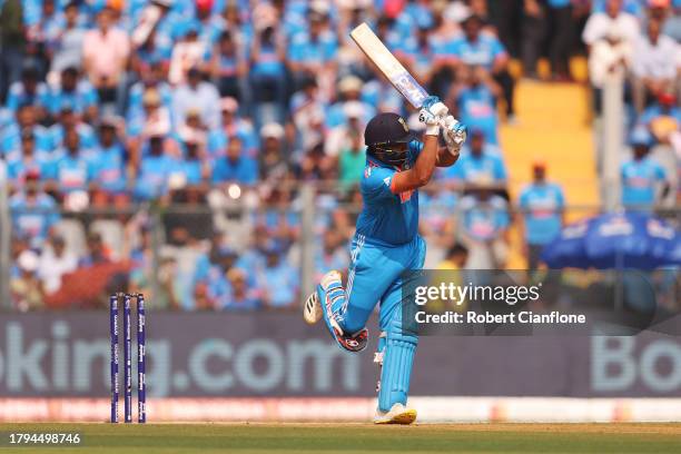 Rohit Sharma of India bats during the ICC Men's Cricket World Cup India 2023 Semi Final match between India and New Zealand at Wankhede Stadium on...