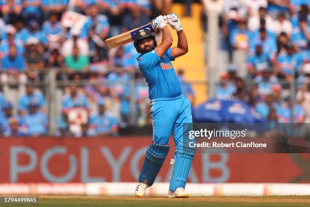 Rohit Sharma of India bats during the ICC Men's Cricket World Cup India 2023 Semi Final match between India and New Zealand at Wankhede Stadium on...