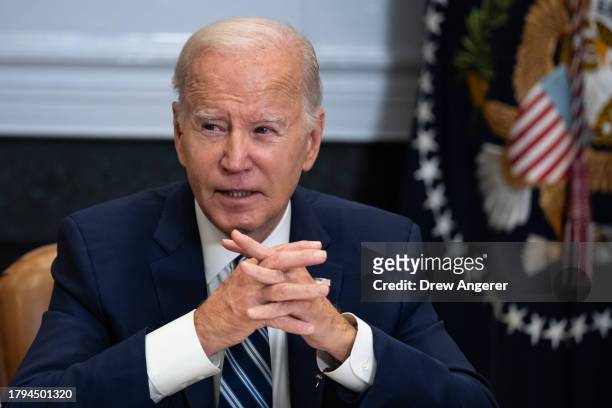 President Joe Biden speaks during a meeting about countering the flow of fentanyl into the United States, in the Roosevelt Room of the White House...
