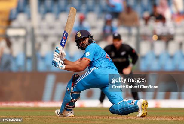 Rohit Sharma of India bats during the ICC Men's Cricket World Cup India 2023 Semi Final match between India and New Zealand at Wankhede Stadium on...