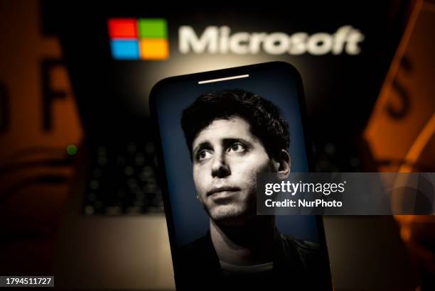 An effigy of former OpenAI CEO Sam Altman is seen on a mobile device screen in this illustration photo taken in Warsaw, Poland on 21 November, 2023....