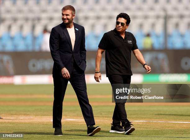 Goodwill Ambassadors, Sachin Tendulkar and David Beckham look on prior to the ICC Men's Cricket World Cup India 2023 Semi Final match between India...