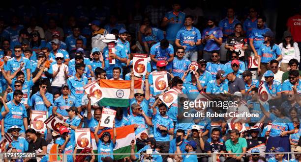 India fans show their support during the ICC Men's Cricket World Cup India 2023 Semi Final match between India and New Zealand at Wankhede Stadium on...
