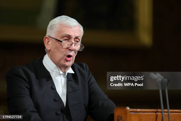 Lindsay Hoyle, Speaker of the House of Commons addresses members of parliament, during a state visit by South Korea's President Yoon Suk Yeol on...