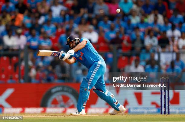 Rohit Sharma of India bats during the ICC Men's Cricket World Cup India 2023 Semi Final match between India and New Zealand at Wankhede Stadium on...