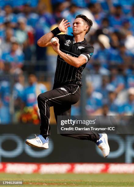 Trent Boult of New Zealand bowls during the ICC Men's Cricket World Cup India 2023 Semi Final match between India and New Zealand at Wankhede Stadium...