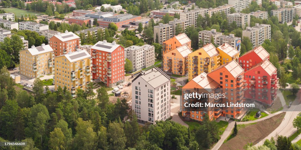 Modern residential district with colorful apartment buildings