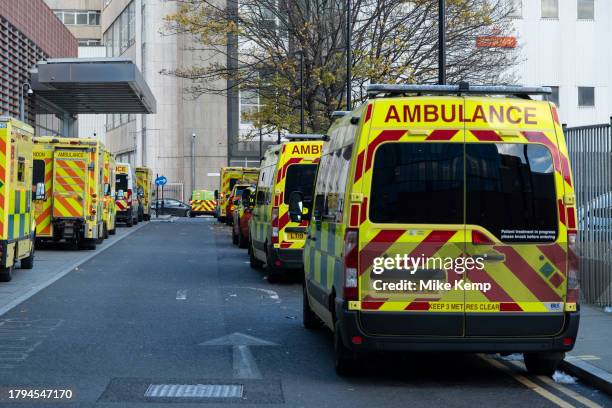 Ambulances from both privately owned companies and the London Ambulance Service waiting in line outside the Royal London Hospital in Whitechapel on...