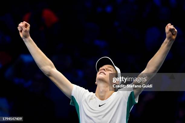 Jannik Sinner of Italy celebrates a victory against Novak Djokovic of Serbia during their Men's Single's Nitto ATP Finals match during day two of the...