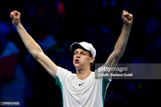 Jannik Sinner of Italy celebrates a victory against Novak Djokovic of Serbia during their Men's Single's Nitto ATP Finals match during day two of the...