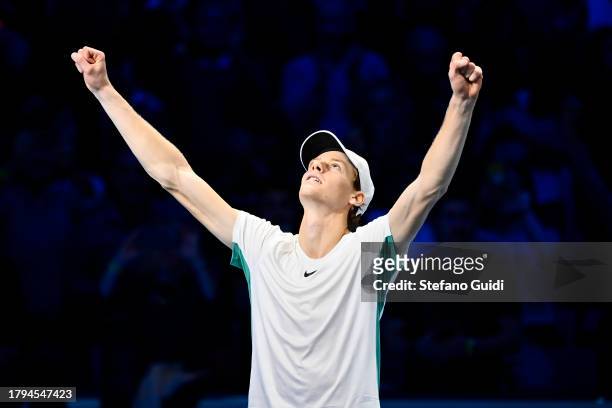Jannik Sinner of Italy celebrates a victory against Novak Djokovic of Serbia during their Men's Single's Nitto ATP Finals match during day two of the...