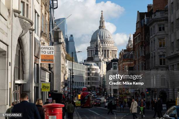 View along Fleet Street towards the City of London and St Pauls Cathedral on 15th November 2023 in London, United Kingdom. Fleet Street is a major...