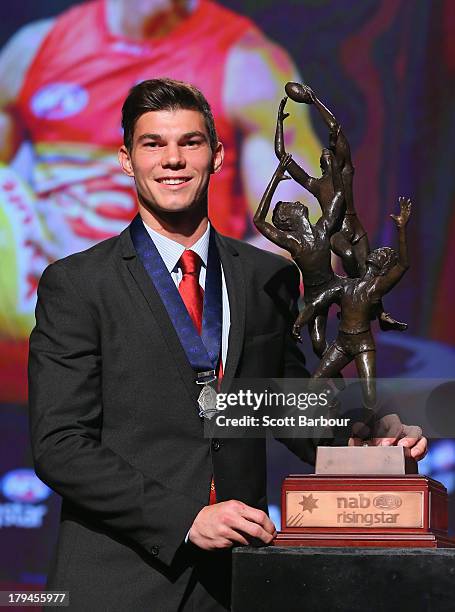 Jaeger O'Meara of the Gold Coast Suns poses with the trophy after winning the 2013 Ron Evans Medal NAB Rising Star Award as the best young player in...