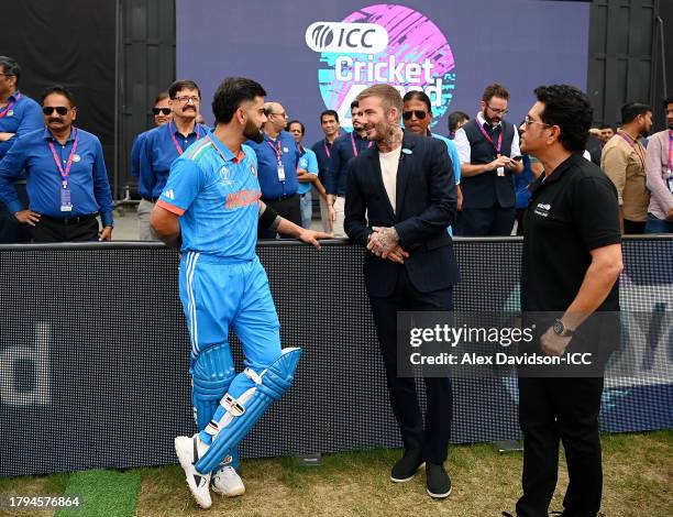 Goodwill Ambassadors, Sachin Tendulkar and David Beckham speak with Virat Kohli of India prior to the ICC Men's Cricket World Cup India 2023 Semi...