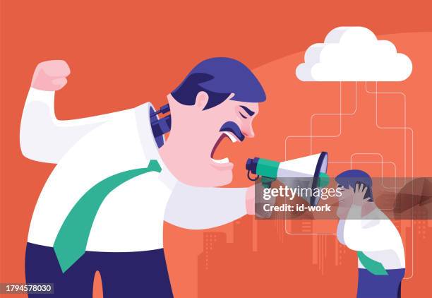 bildbanksillustrationer, clip art samt tecknat material och ikoner med robotic boss holding megaphone and blaming businessman - skrika