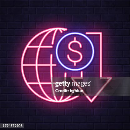 Dollar rate decrease. Glowing neon icon on brick wall background Dollar rate decrease. Glowing neon icon on brick wall background