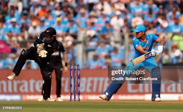 Shubman Gill of India bats during the ICC Men's Cricket World Cup India 2023 Semi Final match between India and New Zealand at Wankhede Stadium on...