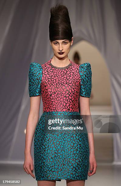 Model showcases designs by Trelise Cooper on the runway during New Zealand Fashion Week at the Viaduct Events Centre on September 4, 2013 in...