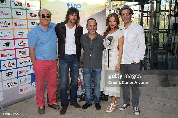 Spanish actors Jose Angel Egido, Javier Gutierrez, Miriam Gallego, David Janer and Santiago Molero attend the "Aguila Roja" new season presentation...