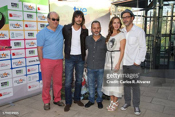 Spanish actors Jose Angel Egido, Javier Gutierrez, Miriam Gallego, David Janer and Santiago Molero attend the "Aguila Roja" new season presentation...