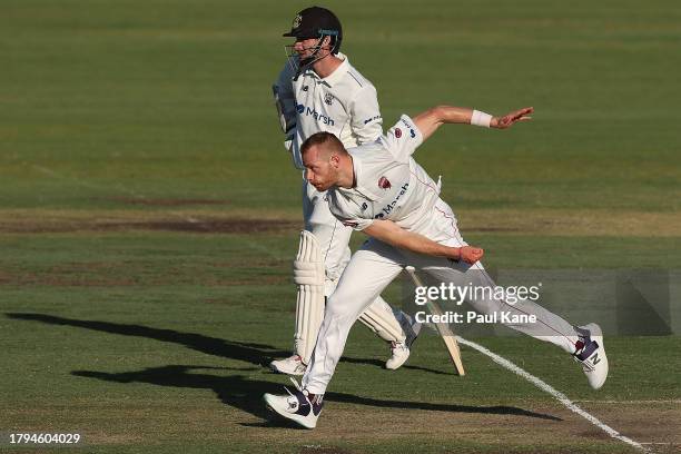 Nathan McAndrew of South Australia bowls during the Sheffield Shield match between Western Australia and South Australia at the WACA, on November 15...