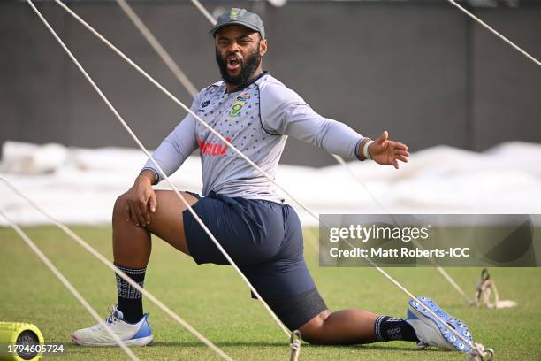 Temba Bavuma of South Africa warms up during the ICC Men's Cricket World Cup India 2023 at Eden Gardens on November 15, 2023 in Kolkata, India.