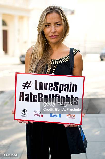 Elen Rivas presents a petition opposing bullfighting at the Spanish Embassy on September 4, 2013 in London, England.