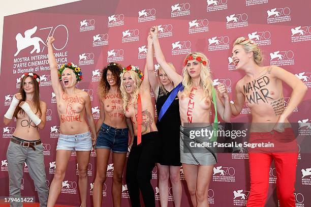 Director Kitty Green with Femen activists Inna Shevchenko and Sasha Shevchenko attend 'Ukraine Is Not A Brothel' Photocall during the 70th Venice...