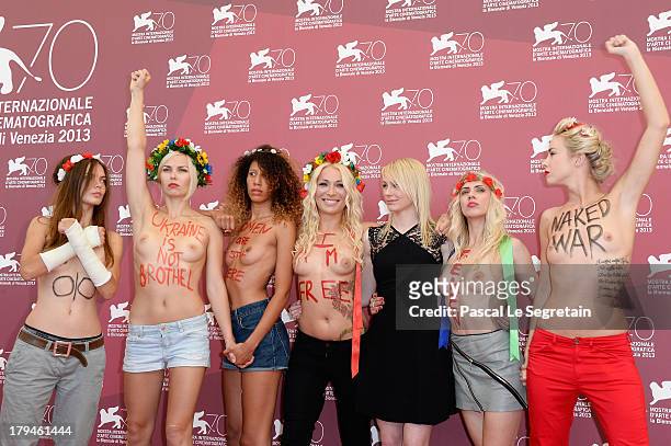Director Kitty Green with Femen activists Inna Shevchenko and Sasha Shevchenko attend 'Ukraine Is Not A Brothel' Photocall during the 70th Venice...