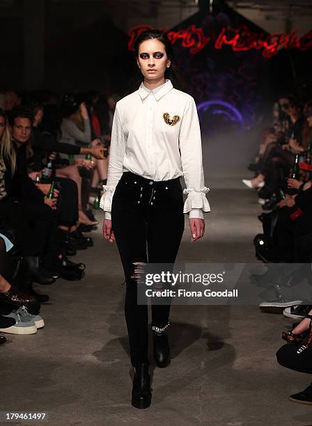 Model showcases designs by Stolen Girfriends Club on the runway during New Zealand Fashion Week at the Viaduct Events Centre on September 4, 2013 in...