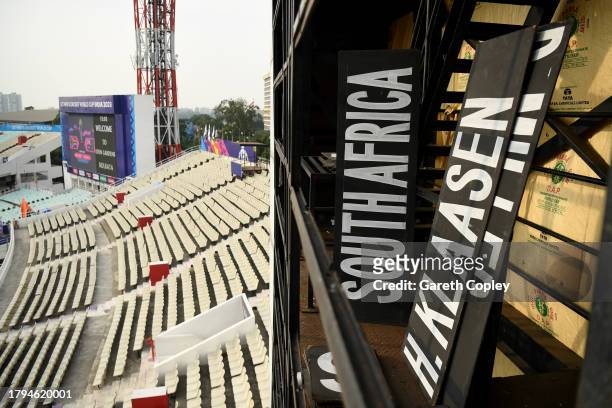 Names and numbers boards at stacked up in the scoreboard ahead of tomorrow's ICC Men's Cricket World Cup semi final between South Africa and...