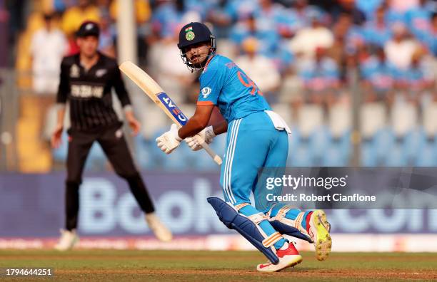 Shreyas Iyer of India bats during the ICC Men's Cricket World Cup India 2023 Semi Final match between India and New Zealand at Wankhede Stadium on...