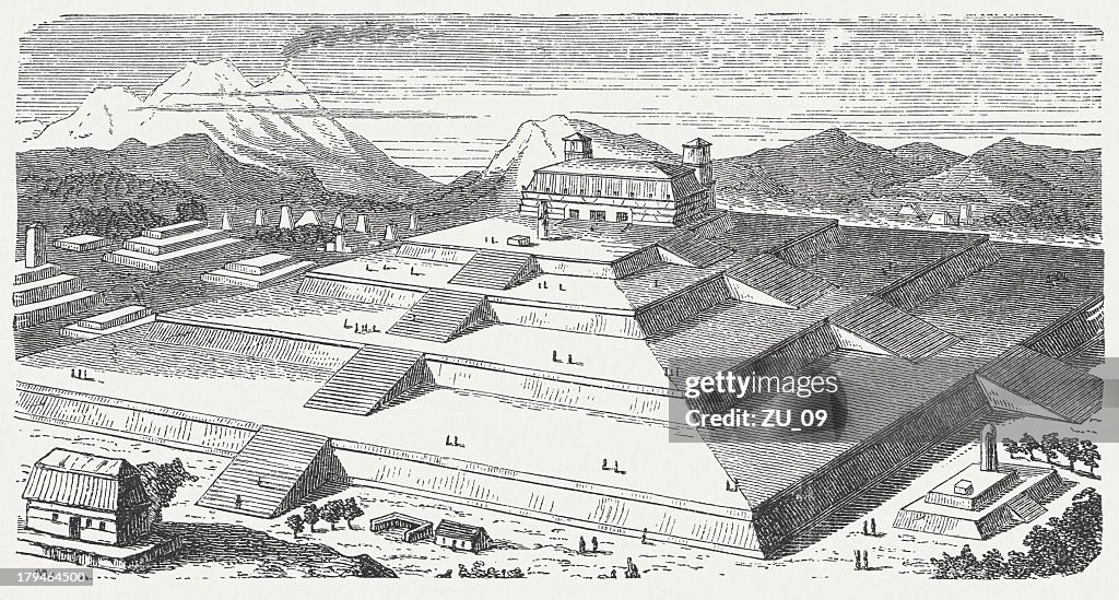 Teocalli of Choula, visual reconstraction, wood engraving, published in 1876