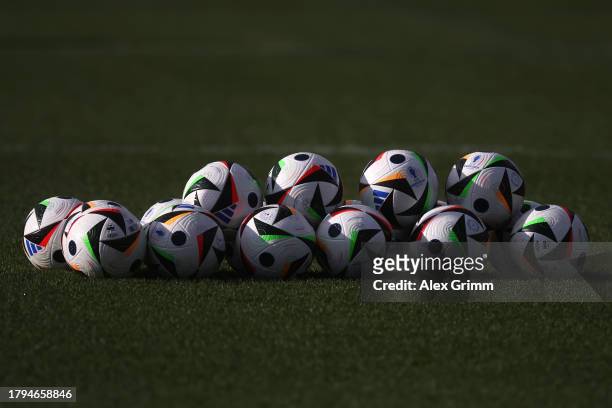 Detailed view of the official UEFA Euro 2024 adidas match balls 'Fussballliebe' during a training session of the German national football team at...