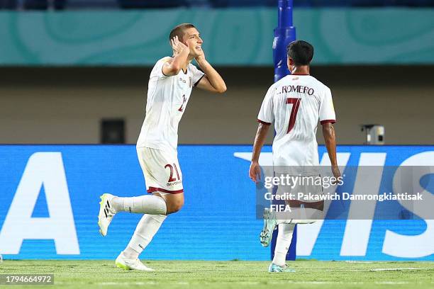 Nicola Profeta of Venezuela celebrates after scoring the team's second goal during the Group F match between Mexico and Venezuela of the FIFA U-17...