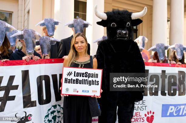 Elan Rivas presents a petition opposing bullfighting at the Spanish Embassy on September 4, 2013 in London, England.
