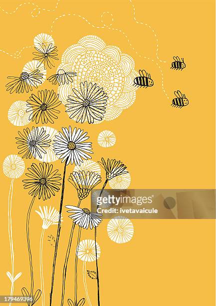 illustrazioni stock, clip art, cartoni animati e icone di tendenza di daisies, girasole e api su sfondo soleggiata - api